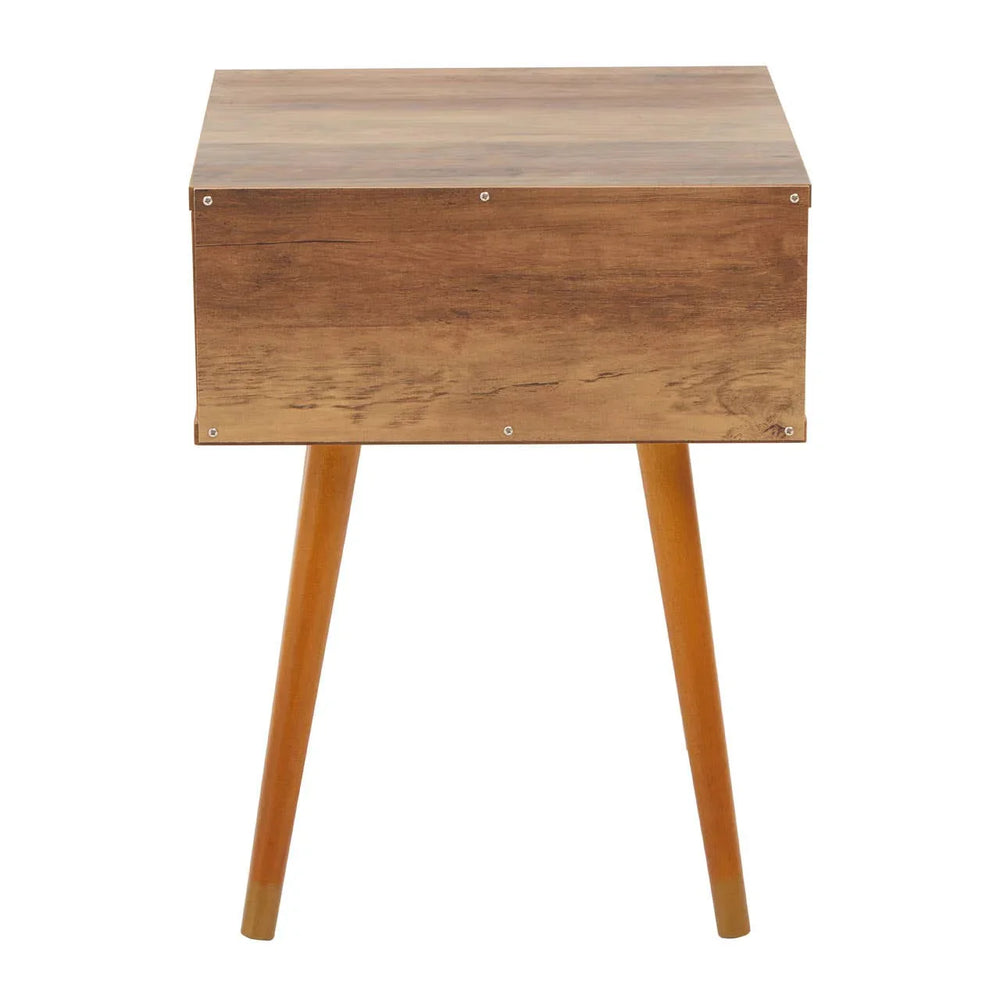 Mid-century wooden bedside table with angled legs and natural wood finish, front view