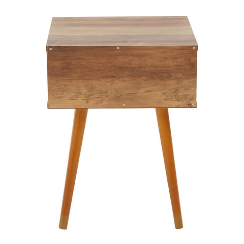 Mid-century wooden bedside table with angled legs and natural wood finish, front view
