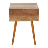 Mid-century wooden bedside table with angled legs and natural wood finish, front view
