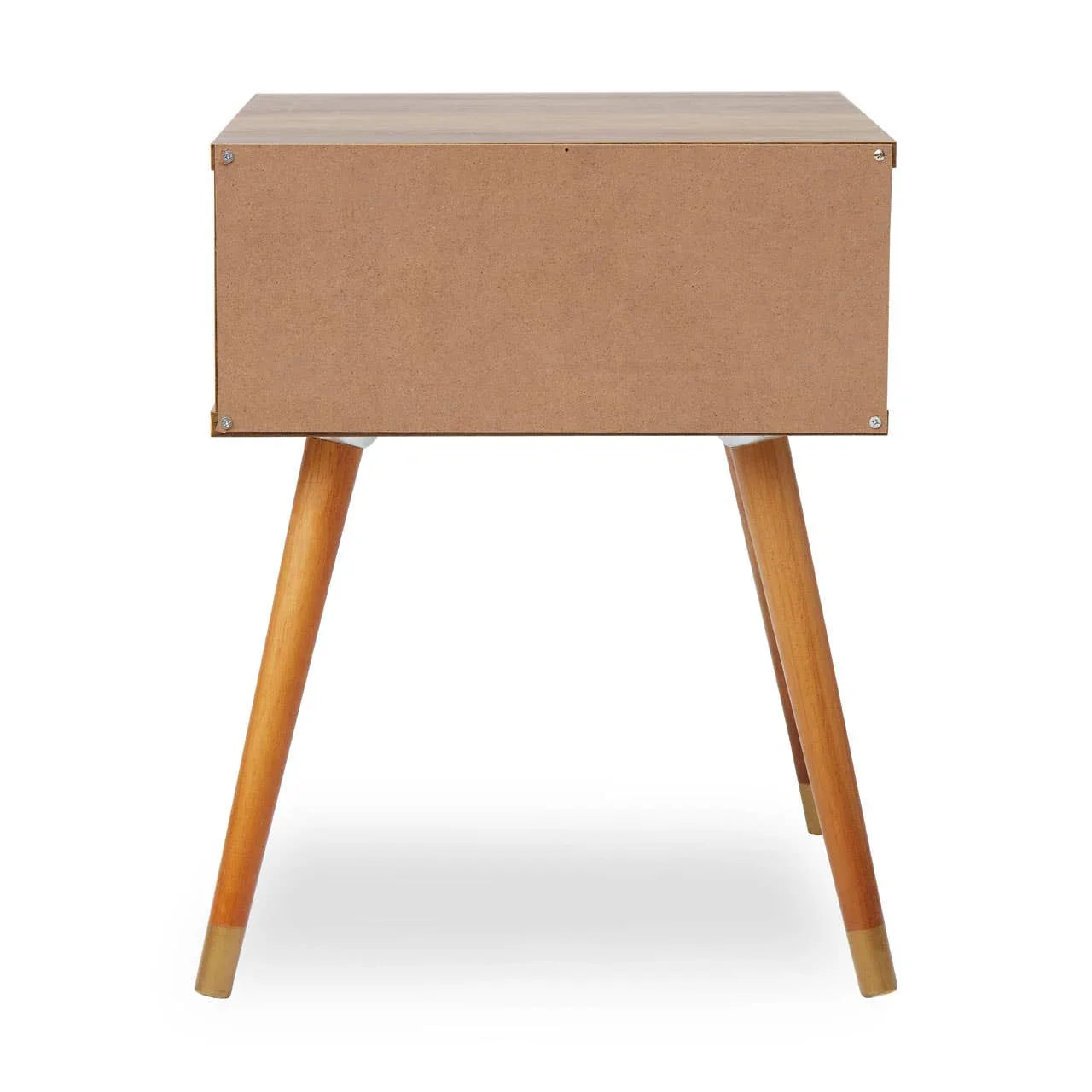 Back view of wooden bedside table with angled legs and plain MDF panel