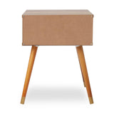 Back view of wooden bedside table with angled legs and plain MDF panel
