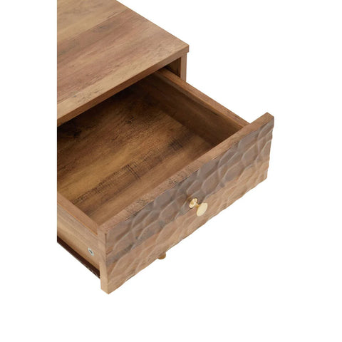 Textured wood bedside table with single drawer open and gold knob handle