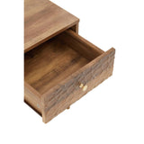 Textured wood bedside table with single drawer open and gold knob handle