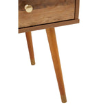 Wooden side table angled legs and gold drawer handle detail