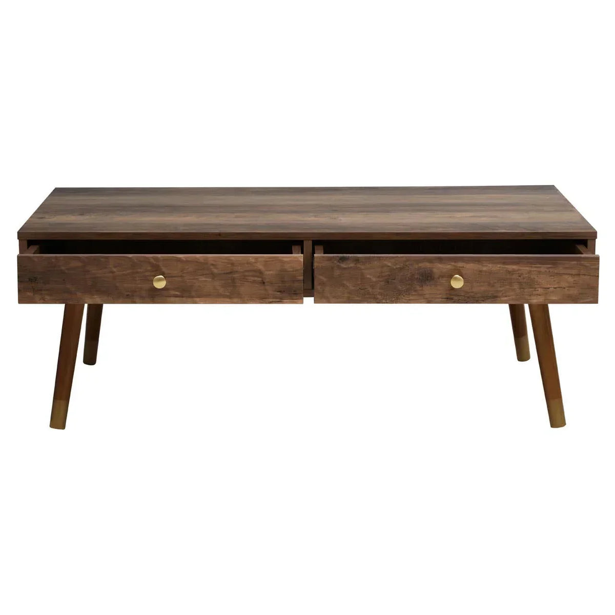 Rectangular wooden coffee table with angled legs and two open drawers, brass handles visible