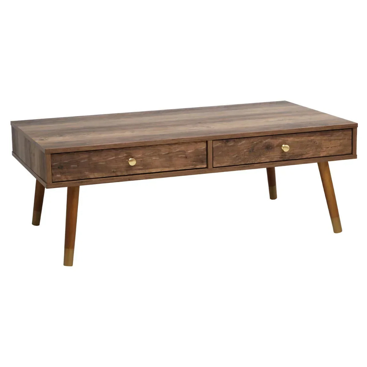 Wooden coffee table with two drawers and angled legs, gold knob handles, mid-century style