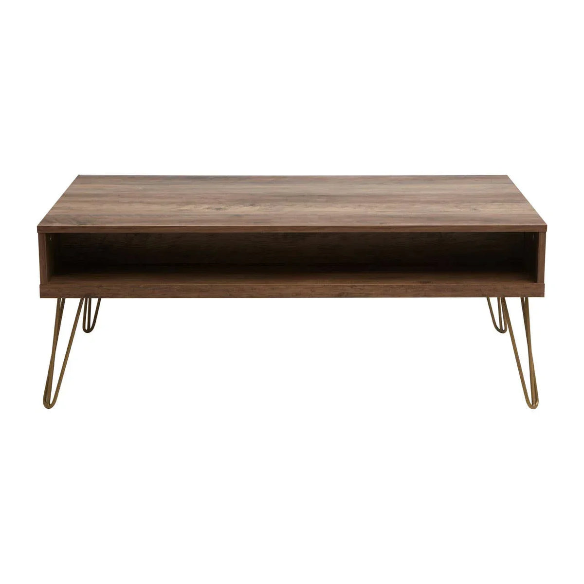 Rectangular wooden coffee table with open shelf and metal hairpin legs, front view