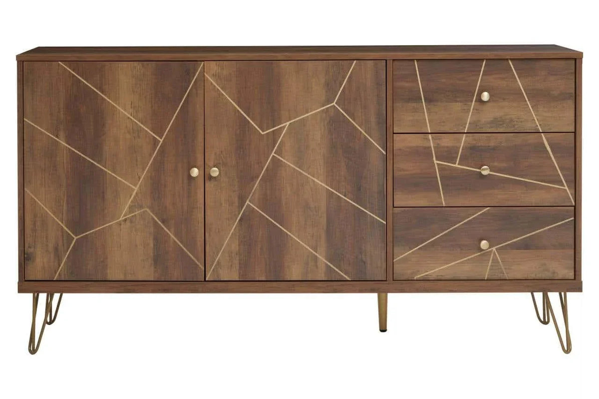 Wooden sideboard with gold geometric pattern, three drawers, hairpin legs, and two doors