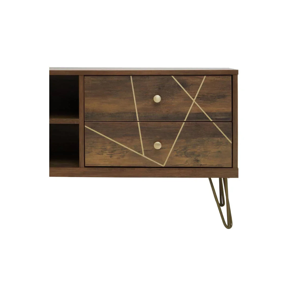 Wooden TV unit with metal legs, two drawers featuring gold geometric detailing