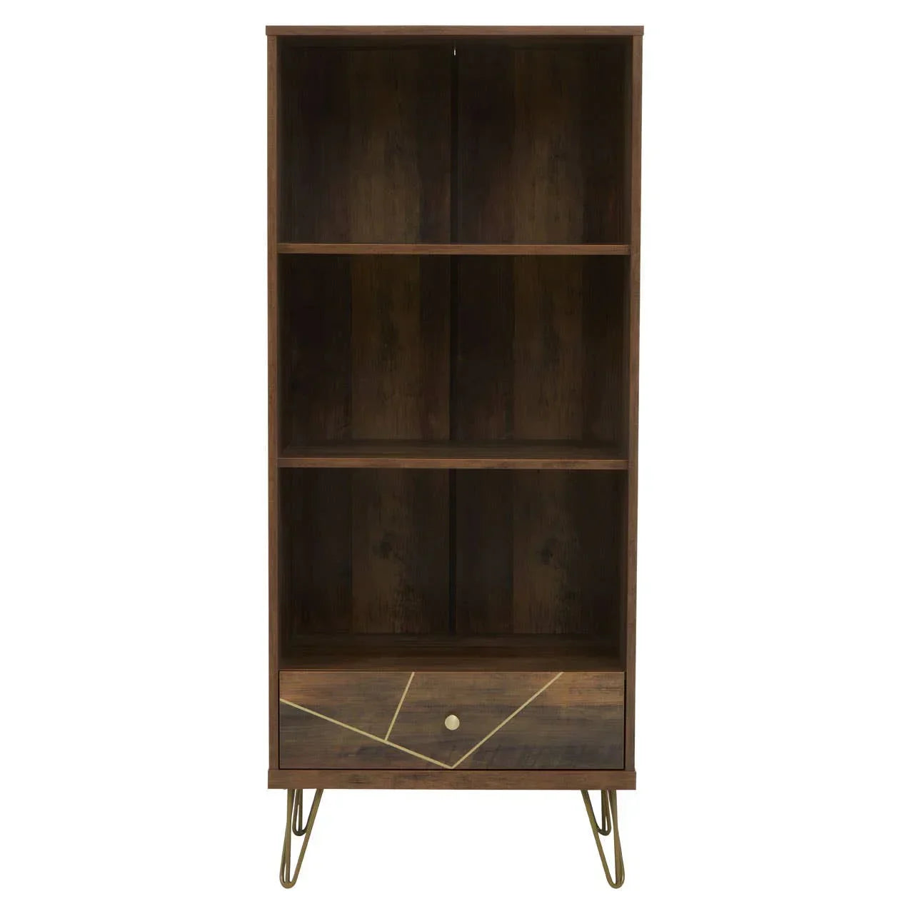 Dark wood bookcase with three shelves and a single drawer on gold metal legs
