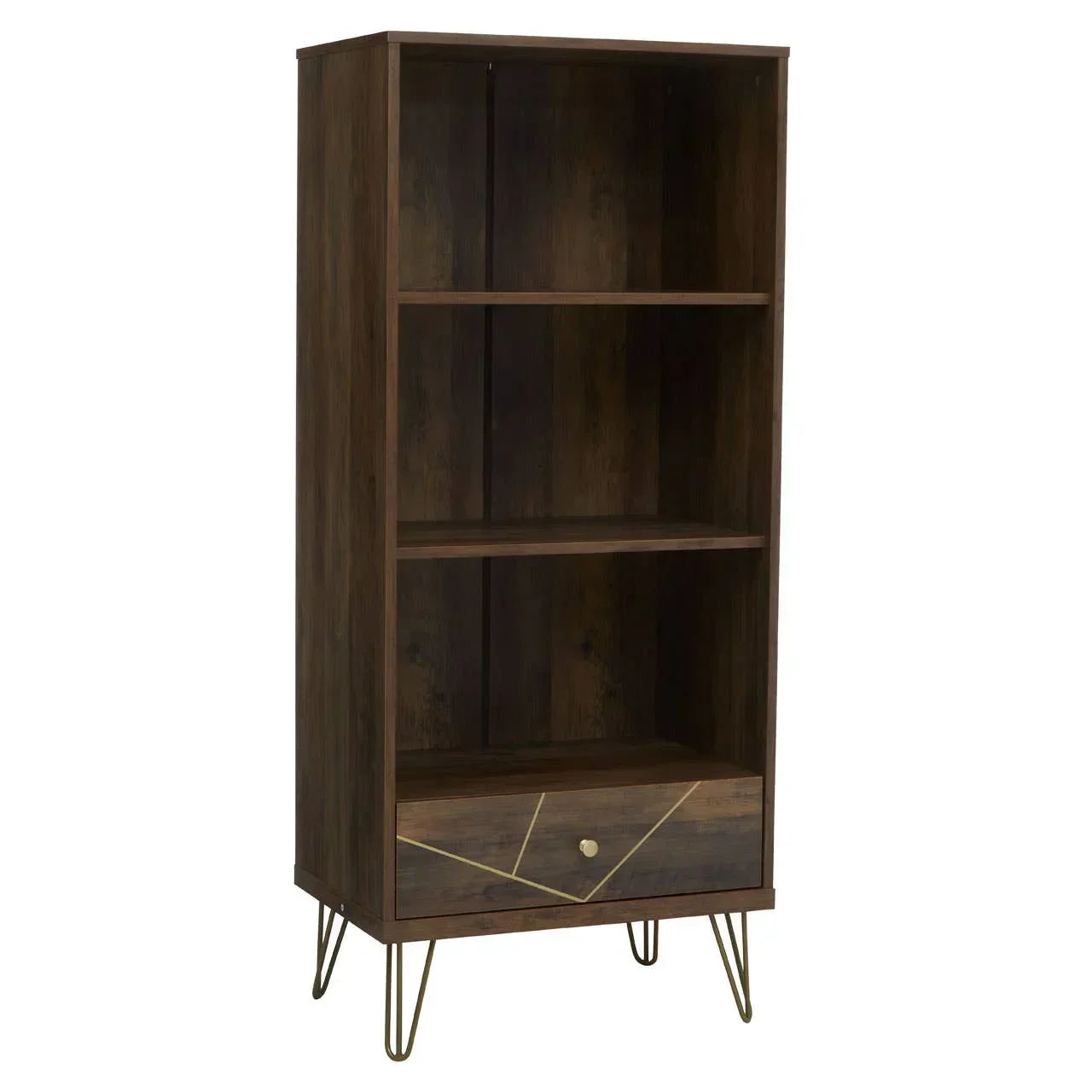 Dark wood bookcase with open shelves, gold metal legs, and geometric drawer front
