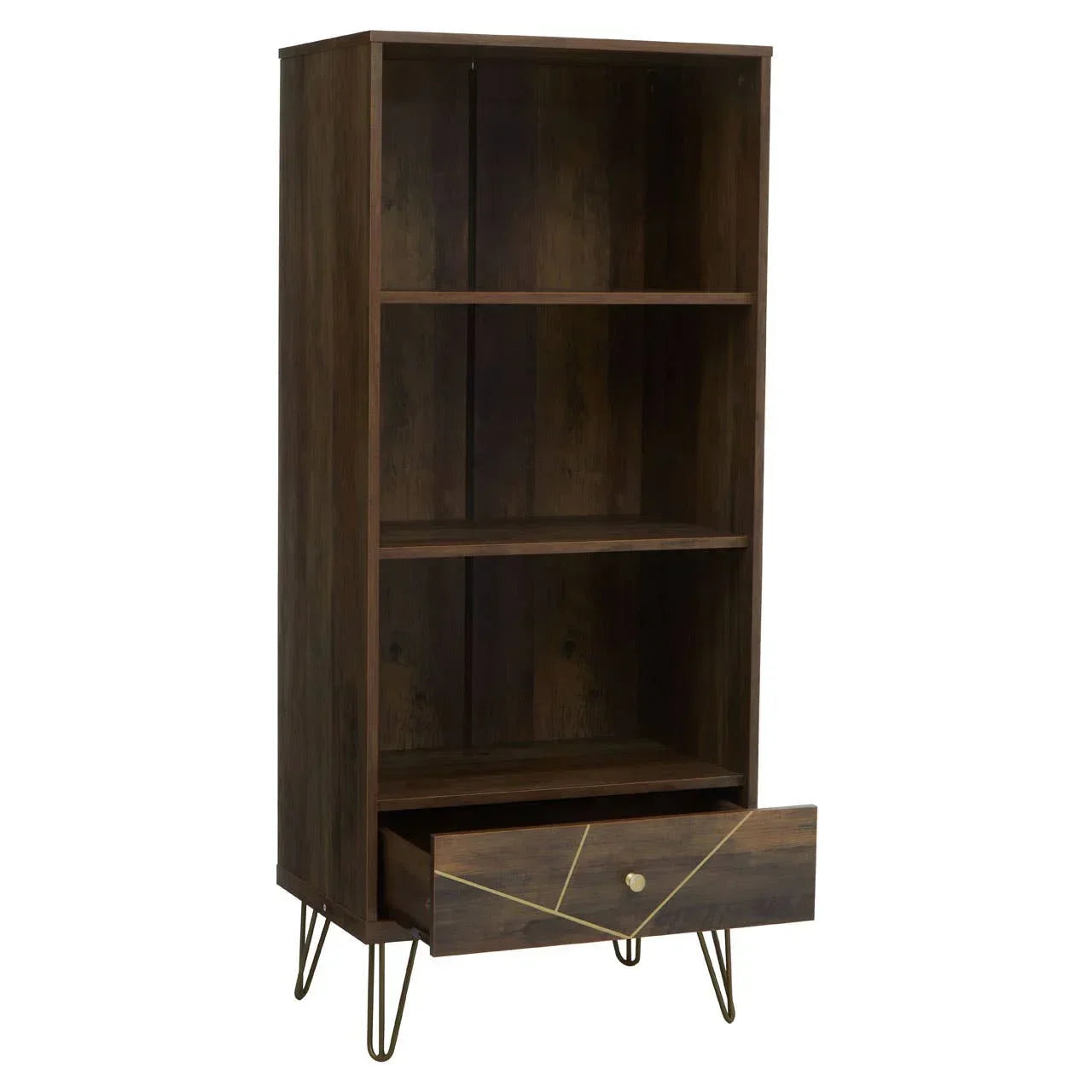 Dark wood bookcase with two shelves, gold metal legs, and open geometric drawer