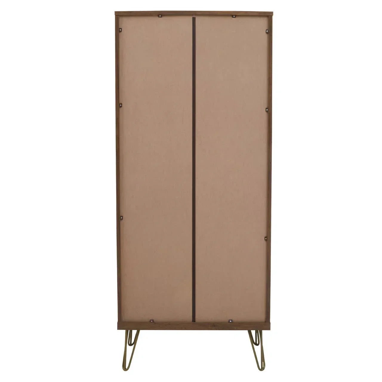 Back view of wooden wardrobe with metal hairpin legs and flat panel finish