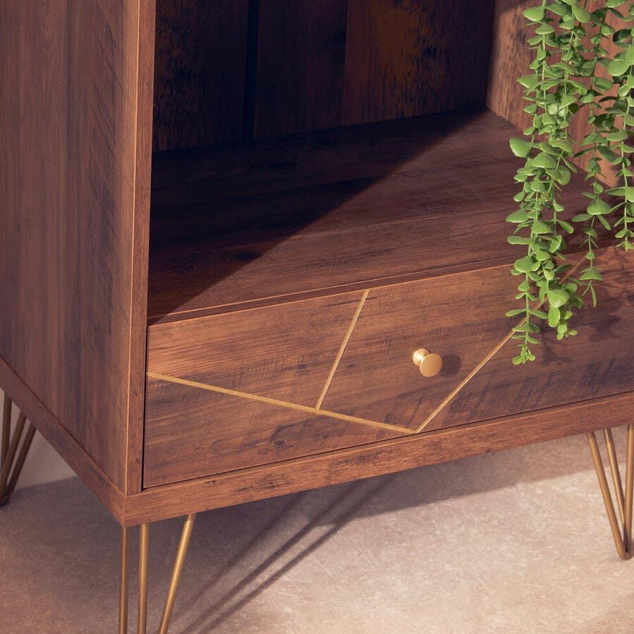 Walnut side table with gold metal hairpin legs, drawer, and geometric gold detailing