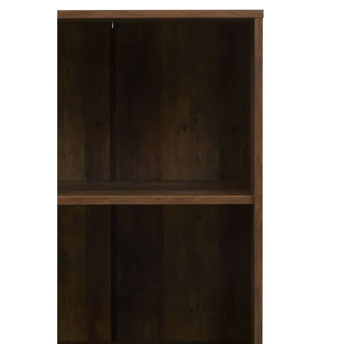 Dark wood bookcase shelf with open storage and vertical grain detail