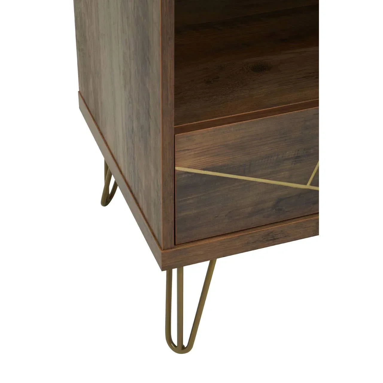 Wooden furniture corner with gold metal hairpin legs and decorative brass inlay drawer