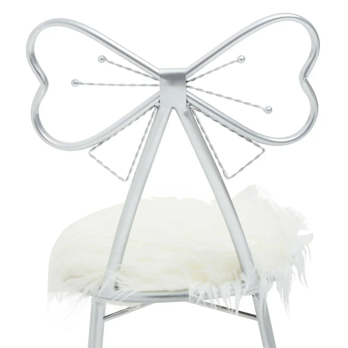 Silver metal chair with heart shaped backrest and white faux fur seat cushion