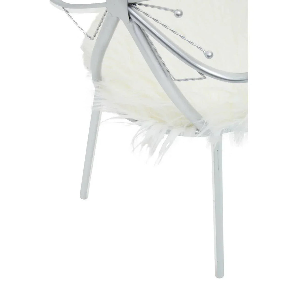 White faux fur accent chair with silver metal legs and textured frame detail