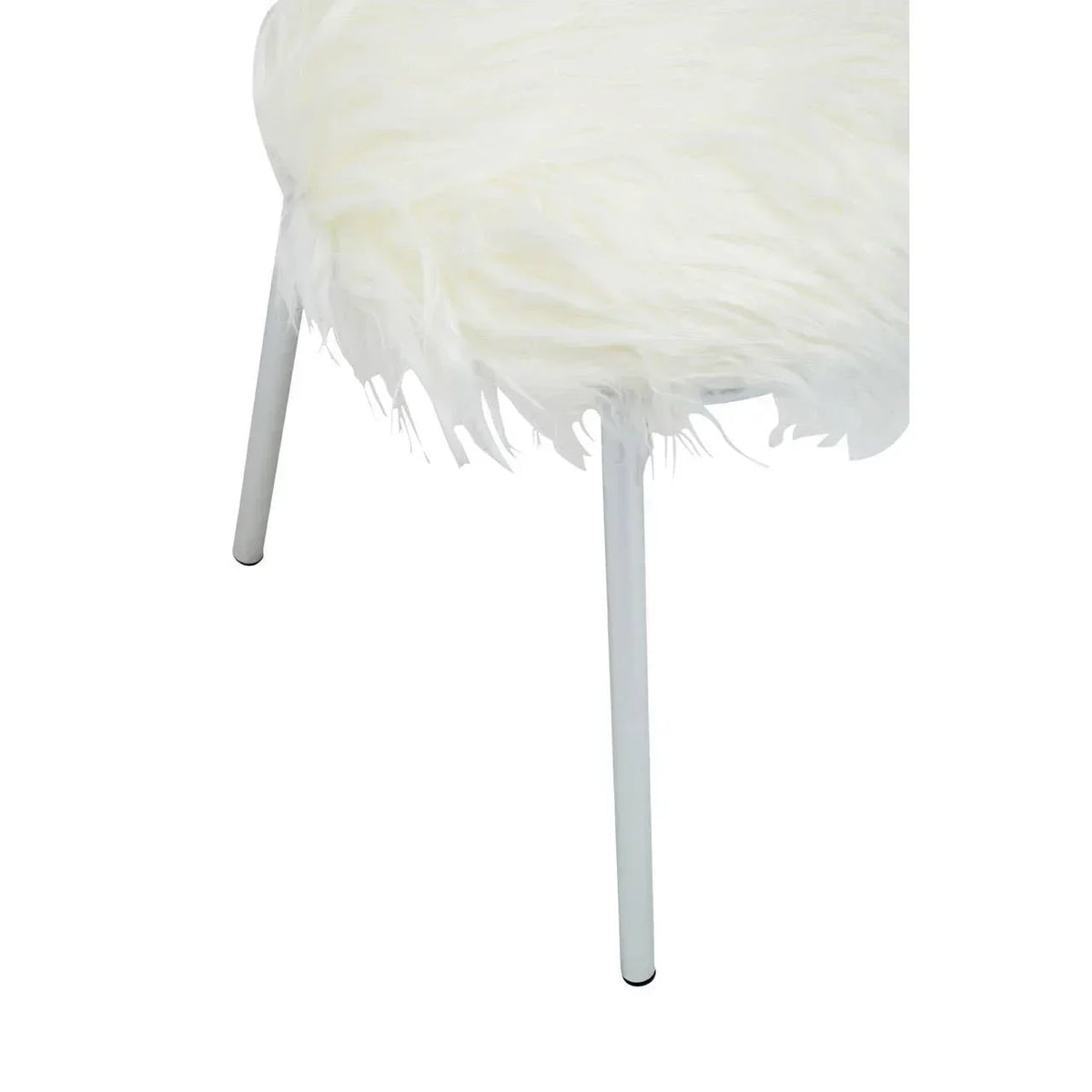 White faux fur dining chair with slim metal legs, close-up of seat and leg detail