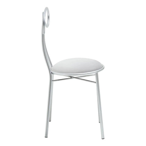 Silver metal dining chair with circular backrest and white padded seat, side view