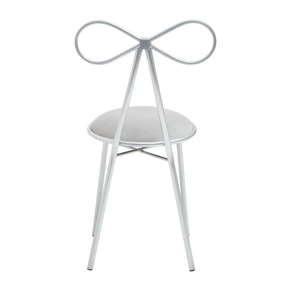 Modern dining chair with grey round seat and metal bow-shaped backrest