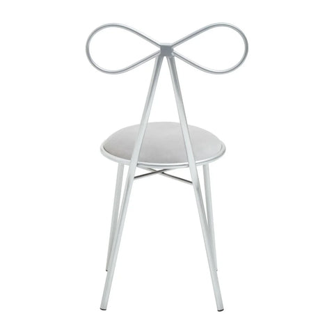Modern dining chair with grey round seat and metal bow-shaped backrest