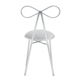 Modern dining chair with grey round seat and metal bow-shaped backrest