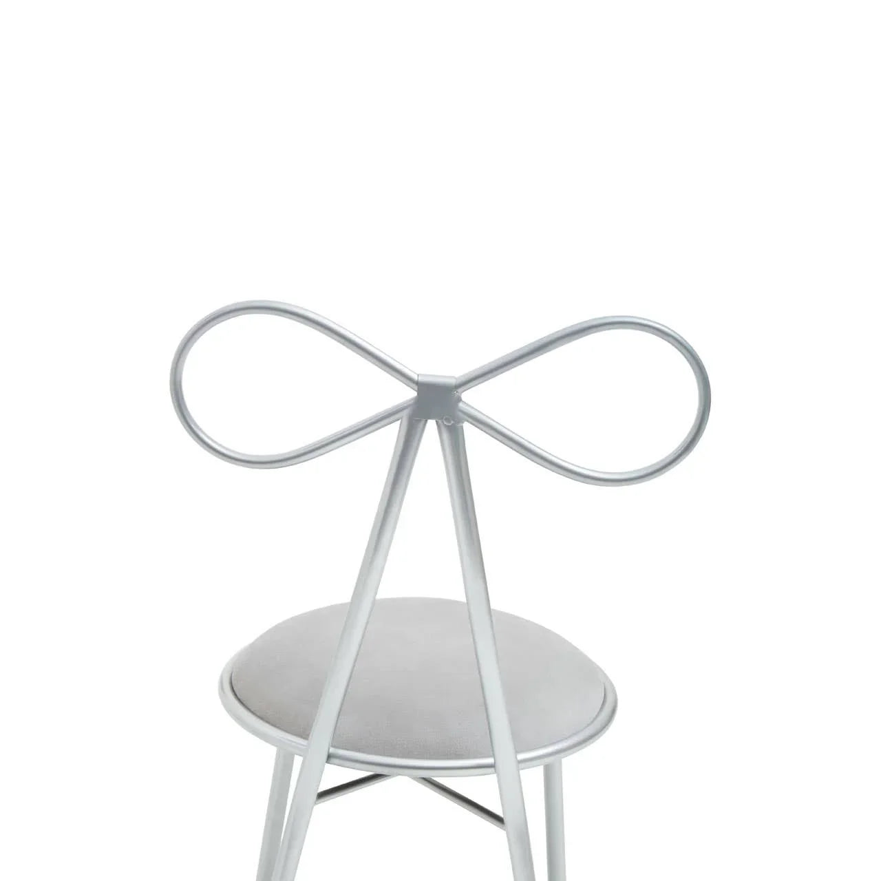 Silver metal chair with bow-shaped backrest and round grey upholstered seat