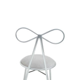 Silver metal chair with bow-shaped backrest and round grey upholstered seat