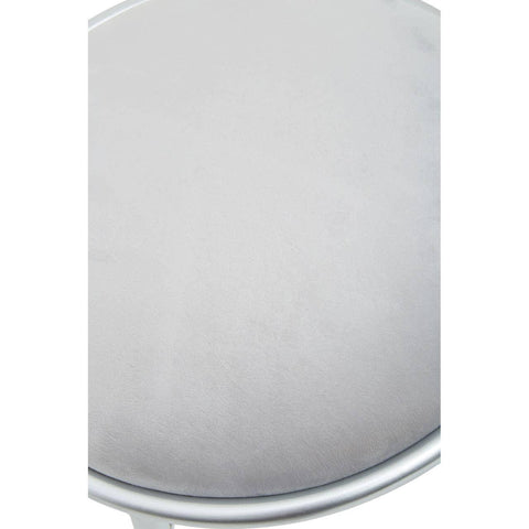 Close up of grey velvet round stool seat with silver metal frame