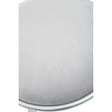 Close up of grey velvet round stool seat with silver metal frame