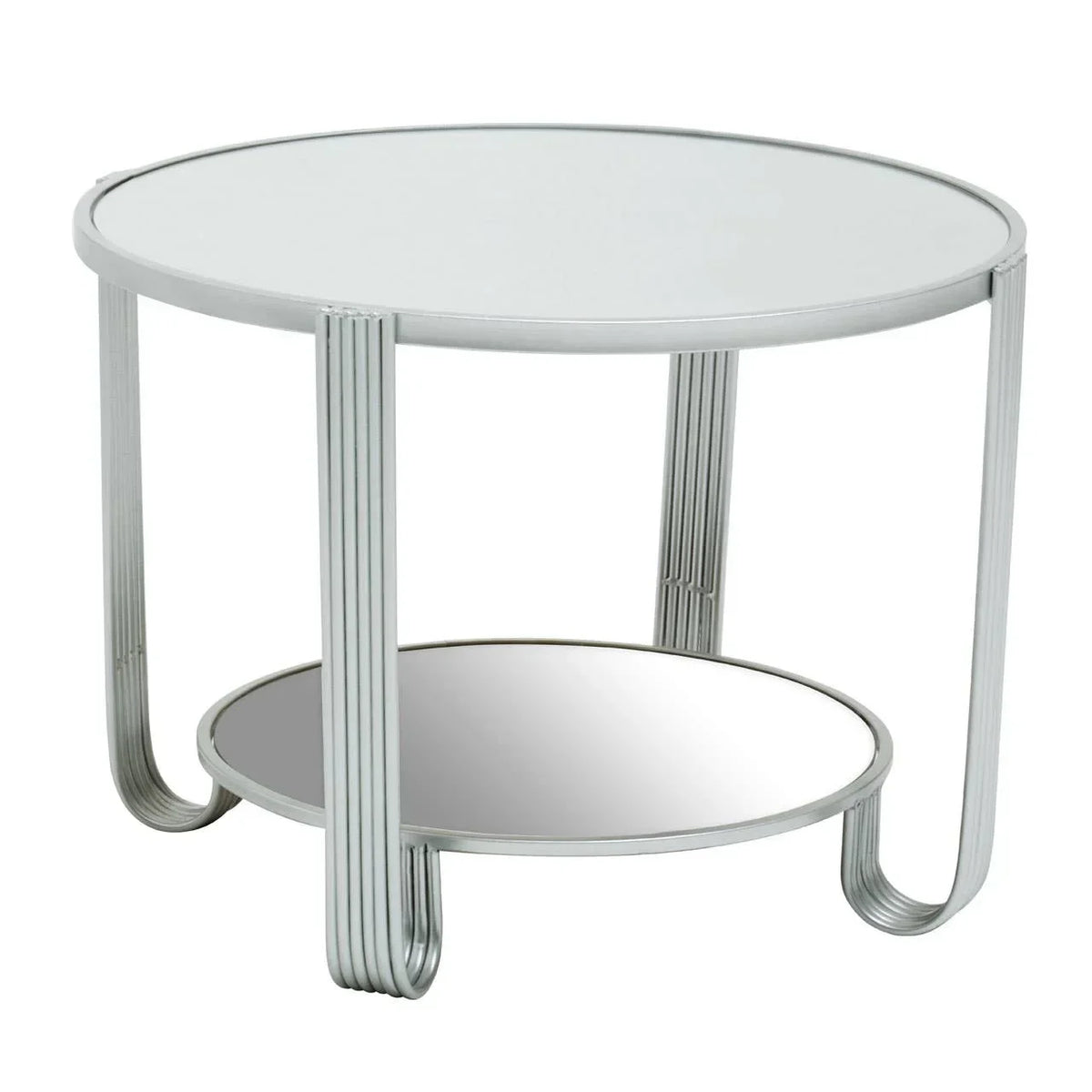 Round glass top coffee table with chrome metal legs and mirrored lower shelf