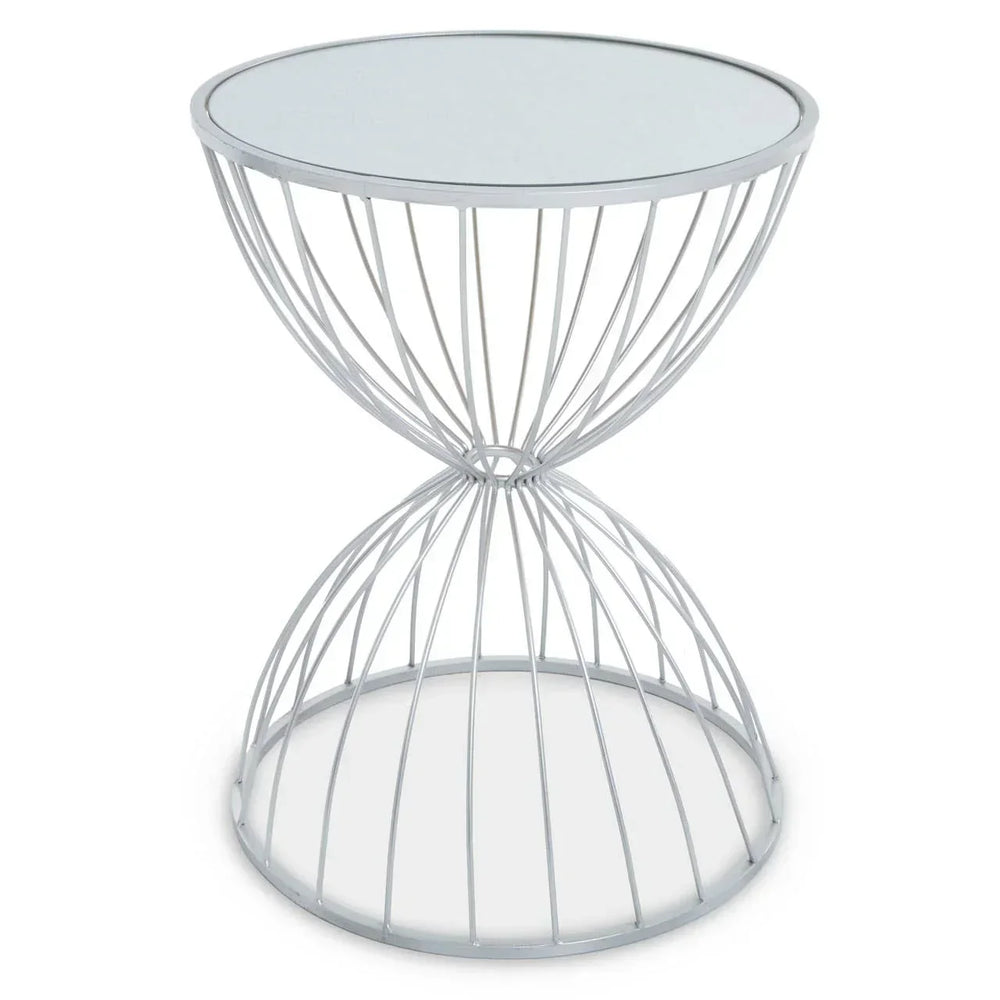 Round wireframe side table with glass top in white finish