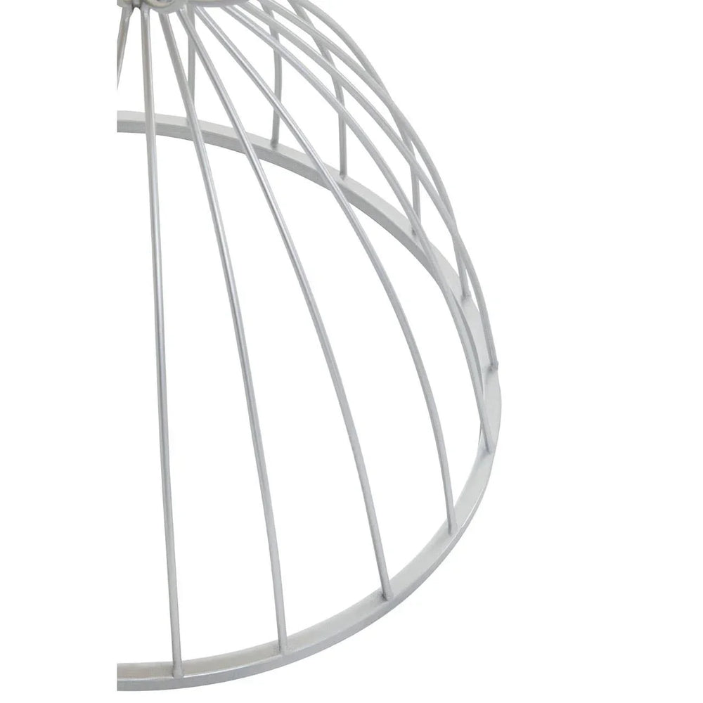 White metal pendant light shade with open wire frame and dome shape, partial side angle view