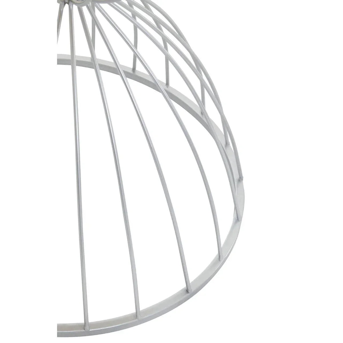 White metal pendant light shade with open wire frame and dome shape, partial side angle view