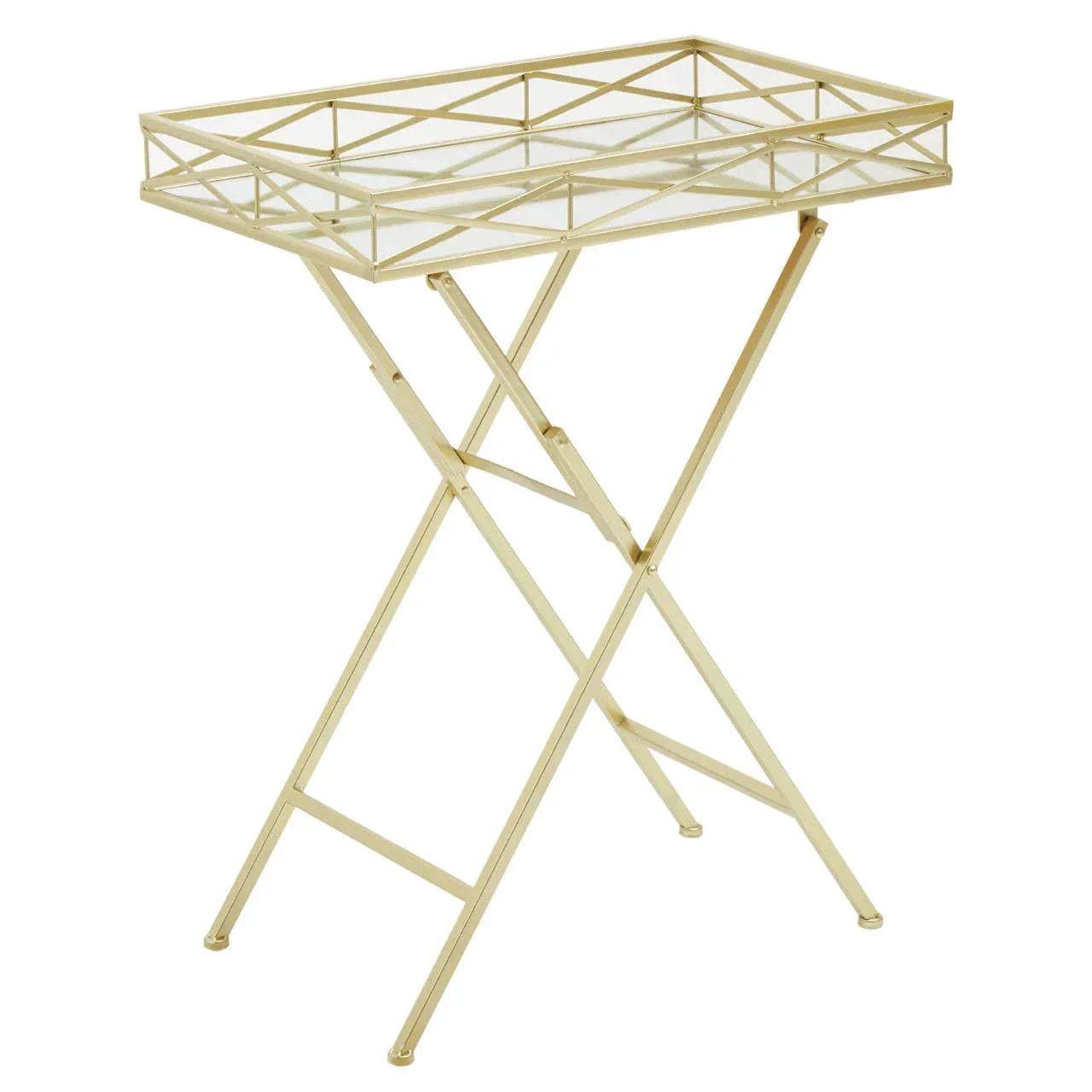 Gold metal tray table with glass top and foldable cross legs