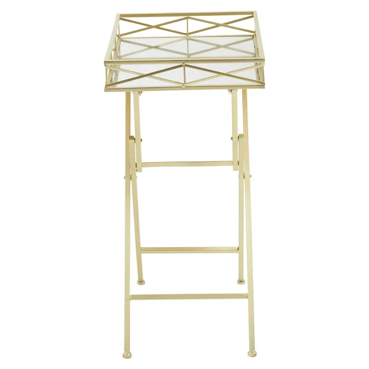 Gold metal folding side table with glass top and crisscross frame design, front view
