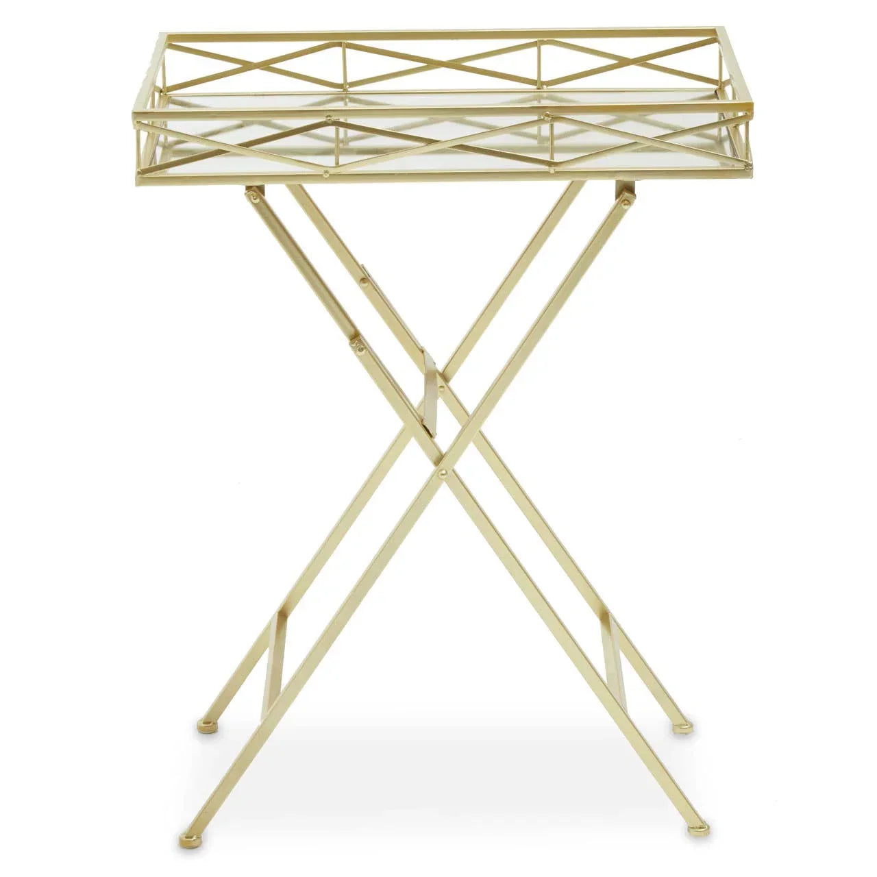 Gold metal folding side table with glass top and cross-brace detail