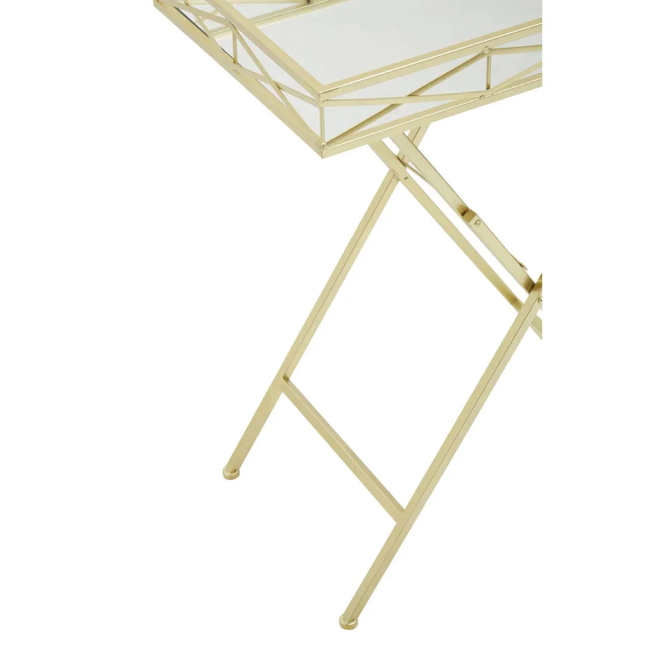 Gold metal tray table with mirrored top and foldable legs