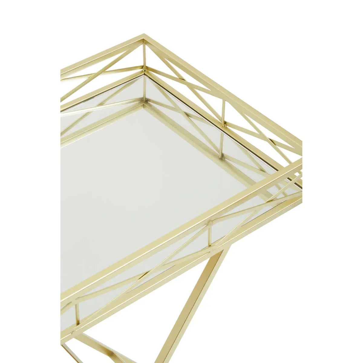Gold metal and glass side table with geometric frame, close-up of tabletop corner