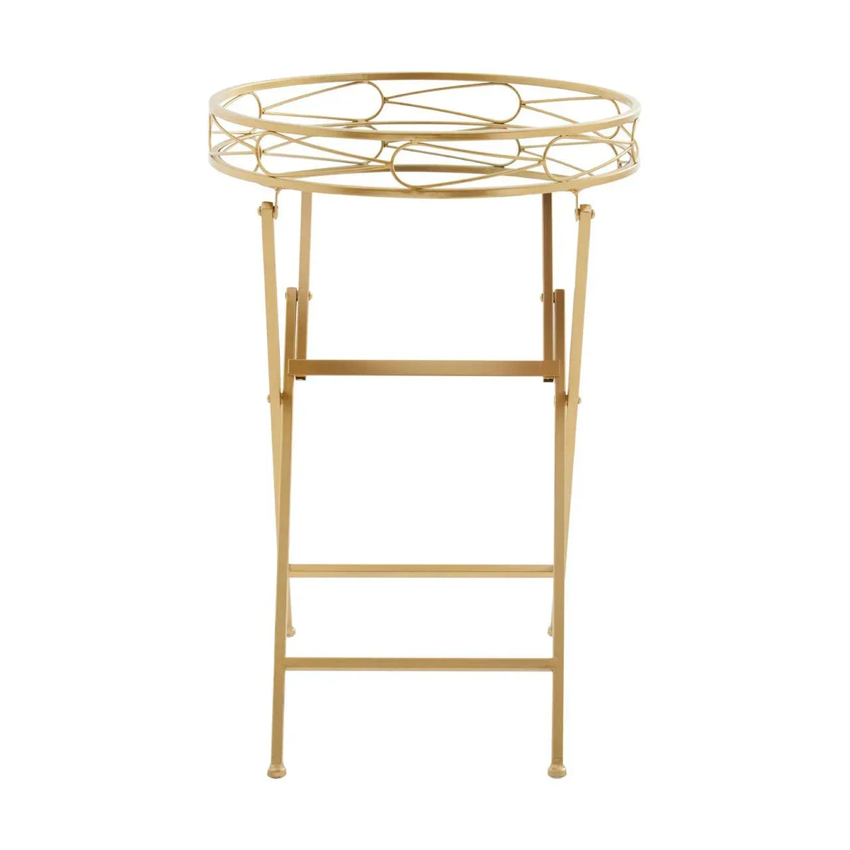 Round gold metal side table with decorative openwork rim and folding legs