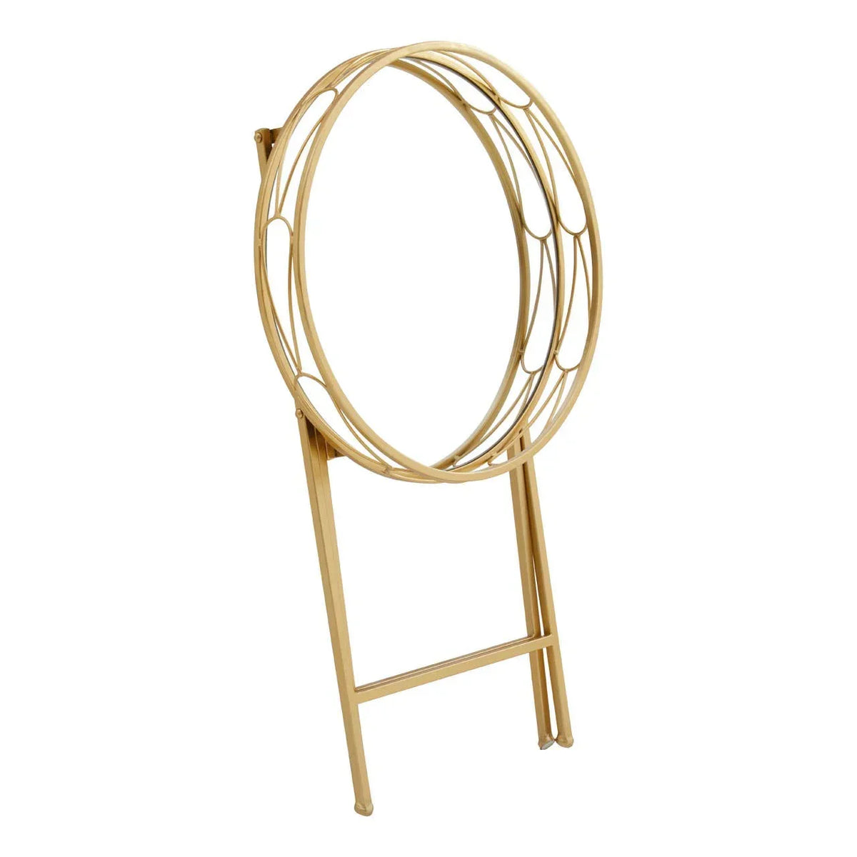 Gold metal decorative display stand with round geometric frame and two support legs