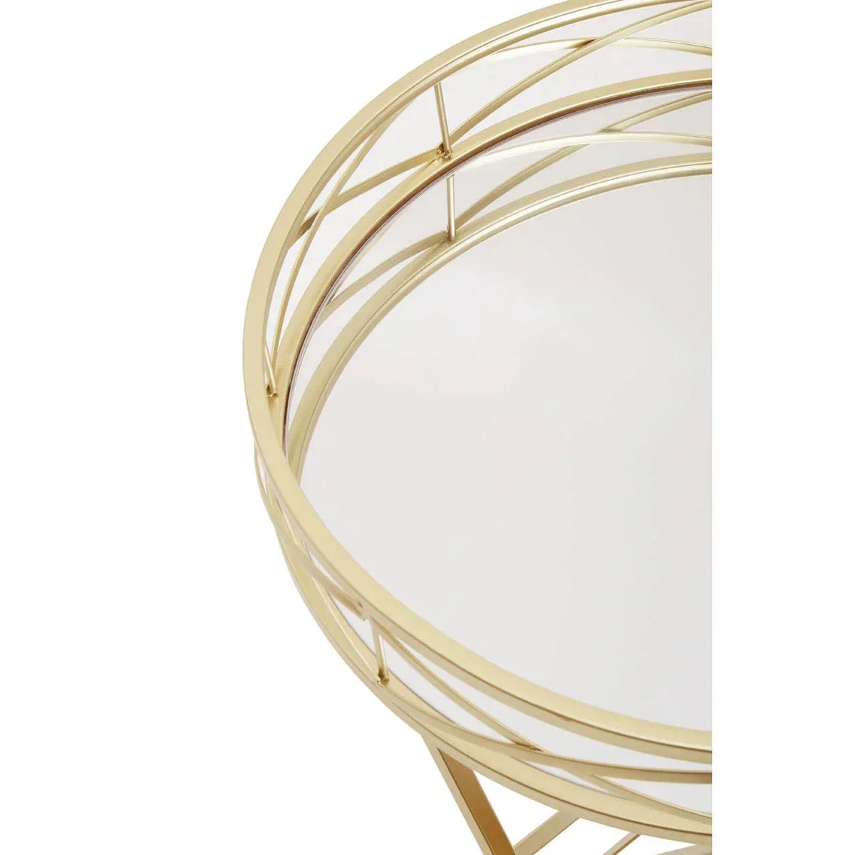 Round gold metal side table with glass top, close view of frame and detailing