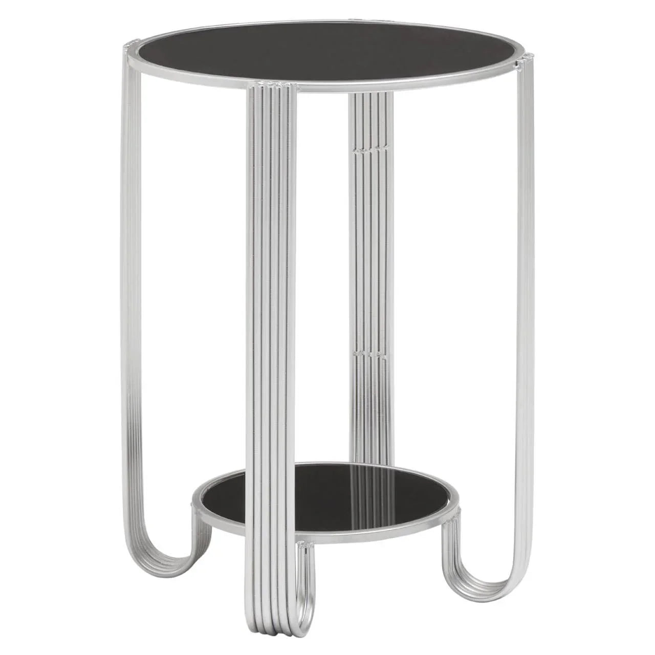 Round black glass side table with silver metal frame and two tiers