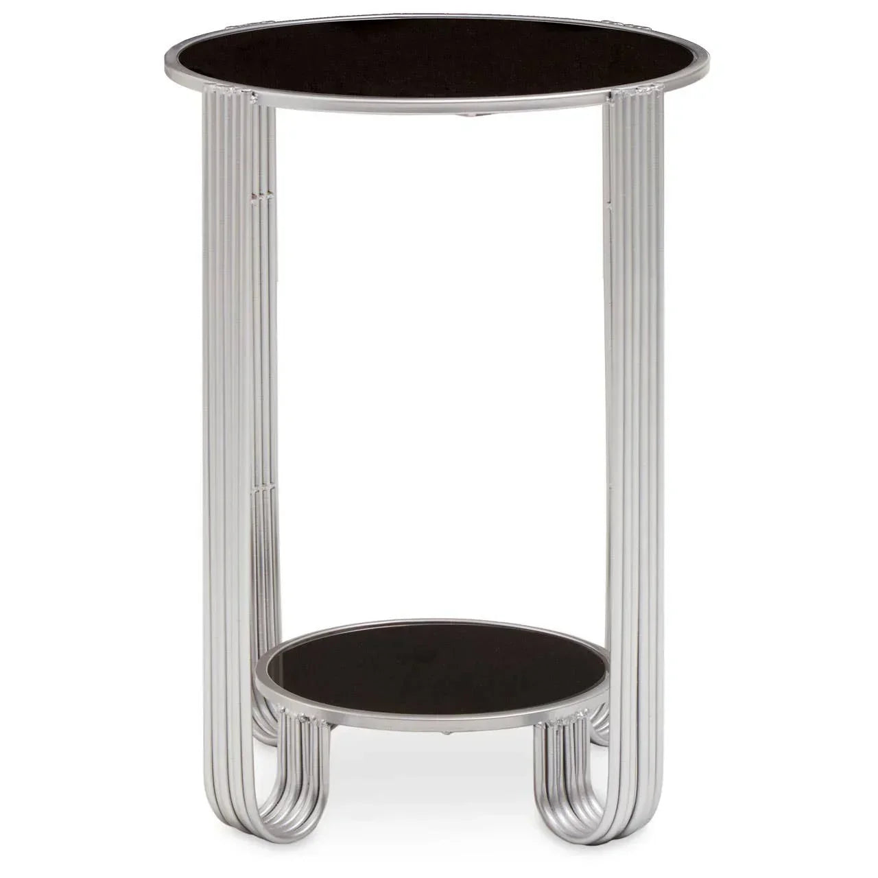 Round black and silver side table with lower shelf and tubular metal legs