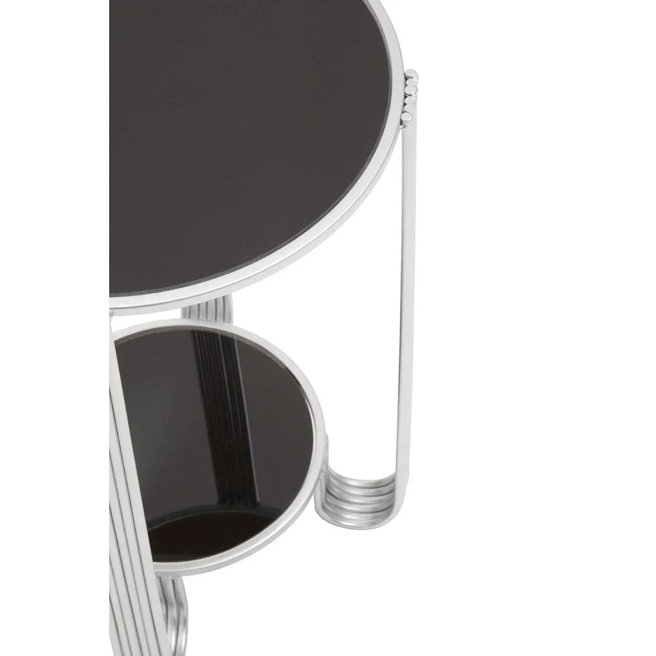 Black glass side table with chrome frame and two round shelves, close angle view