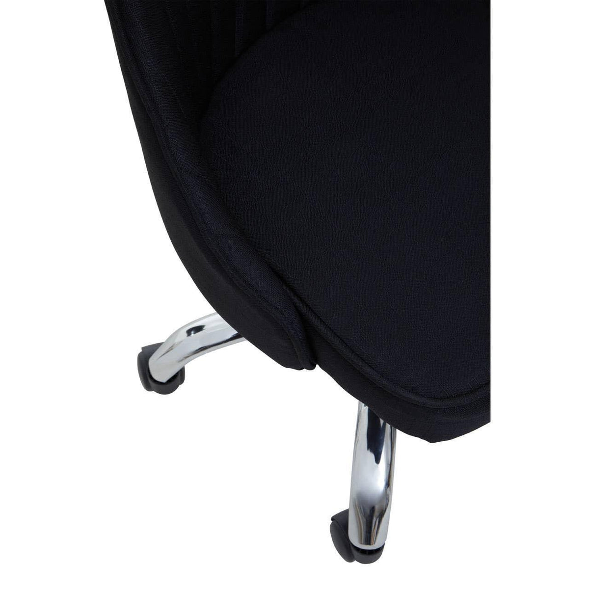 Black office chair seat with chrome metal legs and castor wheels close-up