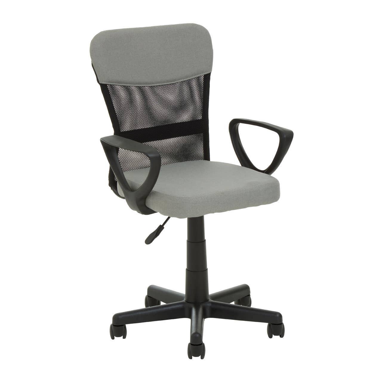 Grey mesh office chair with armrests and adjustable height on black wheeled base