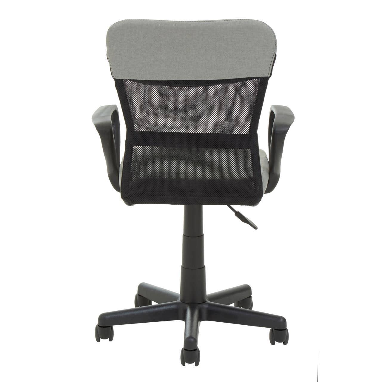 Grey mesh office chair with armrests and adjustable base viewed from the back