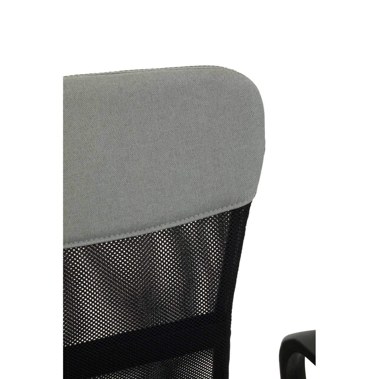 Mesh office chair backrest with grey fabric headrest and black frame detail